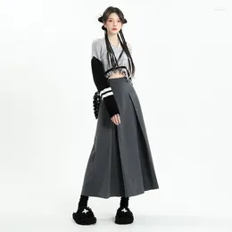 Skirts Spring Summer Vintage Grey Medium Length High Waist Pleated Umbrella Skirt Fashions Y2k Female Korean Style Clothes