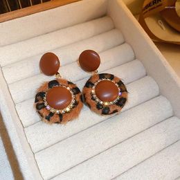 Dangle Earrings Korean Winter Brown Leopard Fur Round Drop For Women Vintage Ear Jewelry