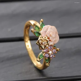 Cluster Rings Foydjew Exquisite Pink Rose Flower For Women Gold Color Green And Purple Zircon Ring Engagement Valentine Jewelry