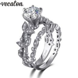 Vecalon Flower Jewellery 925 Sterling Silver ring 5A Zircon Cz Stone Engagement wedding Band rings set for women Festival Gift279b