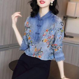 Women's Blouses 2023 Blouse Printing Chinese Style Vintage Button Spring And Autumn Standing Collar Long Sleeve Denim Patchwork Shirt