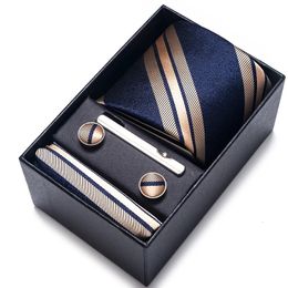 Neck Ties 100% Silk Brand Tie Handkerchief Cufflink Set For Men Necktie Holiday Gift Box Blue Gold Suit Accessories Slim Wedding Gravatas 231216