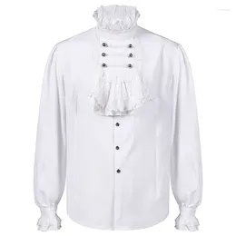 Men's Dress Shirts White Cotton&Lace Ruffles Stand Collar Victorian Gothic Cosplay Pirate Shirt Men Halloween Steampunk Clothing Retro