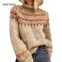 Women's Sweaters Turtleneck Women Vintage Long Sleeve Pullover Knitted Grey Apricot Winter Jacquard Jumper Clothes Female Boho