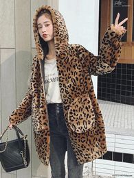 Women's Fur 2023 Vintage Brown Leopard Hooded Zipper Printed Thick Warm Coats Casual Loose Long Sleeve Faux Furs Overcoat Autumn