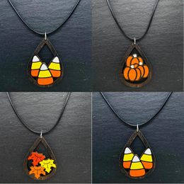 Pendant Necklaces Autumn Thanksgiving Necklace Pumpkin Water Drop Hollow Wood Halloween Jewellery Accessories