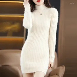 Casual Dresses Fall/Winter Solid Color Half-high Neck Long Mink Cashmere Dress Skinny Sleeve Buttock Female