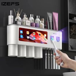 Toothbrush Holders Wall mounted Holder With 2 Toothpaste Dispenser Punch free Bathroom Storage For Home Waterproof Accessories 231218