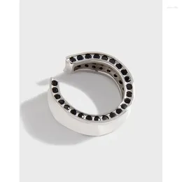 Cluster Rings Authentic S925 Sterling Silver Concave Surface Zircon 4A / Black Agate Wave Band Ring Jewelry C-JZ296