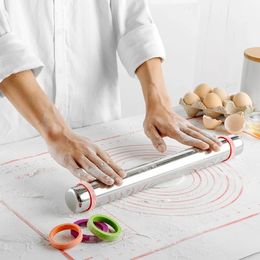 Rolling Pins Pastry Boards Adjustable Stainless Steel 304 Rolling Pin Dough Mat Dough Roller 4 Removable Thickness Rings for Cake Pizza Pastry Baking Tools 231216