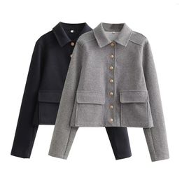 Women's Jackets TPJB Grey Woollen Lapel Single Breated Coat Women Elegant Oblique Pocket Short Autumn Ladies Restro Wool Coats