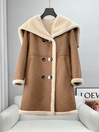 Women's Fur Wearing A Sheep Cut Velvet Coat On Both Sides Mid Length 2023 Winter Lamb Integrated Hooded Jacket