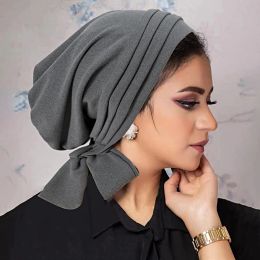 New Fashion Women Breathable Elastic Ruffles Muslim Hijab Solid Colour Turban Pleated Hat Headscarf Head Wraps Chemo Cap Bonnet