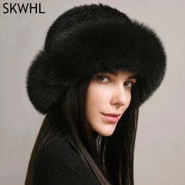 Wide Brim Hats Bucket Hats Genuine Real Natural Knitted Mink Fur Hat Cap Luxury Women Handmade Knit Fashion Winter Headwear Warm Real Fox Fur Beanies 231216
