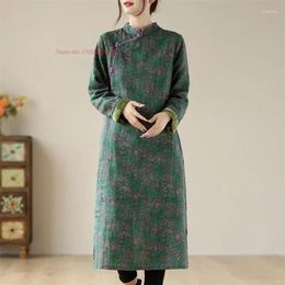 Ethnic Clothing 2023 Chinese Vintage Dress National Flower Print Qipao Retro Fleece Lined Traditional Cotton Linen Cheongsam