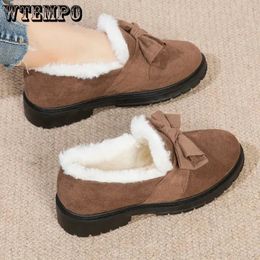 Dress Shoes Bow Knot Plush Cotton Faux Suede Shallow Slip on Round Toe Women s Flat Sole Short Tube Boots Simple Casual Winter 231218