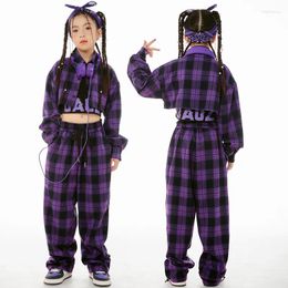 Stage Wear 2023 Jazz Dance Costumes For Kids Purple Plaid Shirt Hiphop Pants Streetwear Girls Ballroom Hip Hop Clothes DN16340