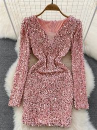 Basic Casual Dresses HIGH STREET est Fashion Runway Designer Women s V Neck Long Sleeve Sparkling Sequins Dress 231218