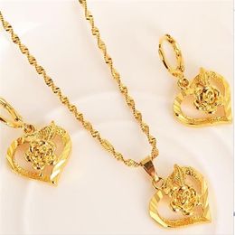 Fashion 24 k Fine Gold GF Dubai Romantic Heart love rose Pendant Necklace Earrings Sets Wedding PNG Jewellery Sets for women286j