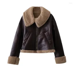 Women's Leather 1 Women Thick Warm Faux Shearling Euramerican Short Jacket Ladies Female Outerwear Chic Tops Vintage Lady Coat Fall