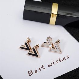 YUN RUO Brand 316L Stainless Steel Rose Gold Colour White Black Shell V Shape Stud Earring Woman Jewellery Prevent Allergy and Fade284Q