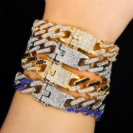 New Fashion Gold Plated Bling Colourful Diamond Mens Womens Hip Hop Black Red Blue Cuban Link Chain Bracelet Curb Raper Chains Gift3225