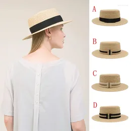 Berets Men Women Soft Beige Straw Flat Top Boater Hats Sailor Caps Summer Sombrero Beach Sunhat Outdoor Sunbonnet Size US 7 1/4 UK L