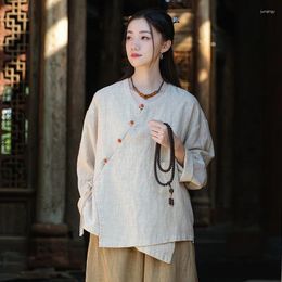 Women's Blouses Johnature Women Vintage Ramie Shirts And Tops Chinese Style V-Neck Long Sleeve Button 2203 Autumn Solid Colour