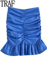 Dresses Traf 2022 Ruffle Mini Skirt Women Bodycon Ruched Short Skirts Woman High Waist Tight Blue Skirt Y2k Streetwear Summer Skirts