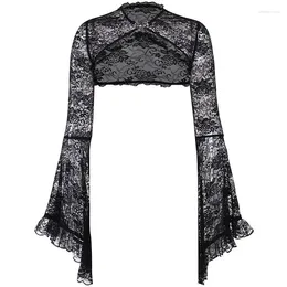 Women's Tanks Lace Shrugs Sheer Crop Tops Long Bell Sleeves Cardigan Women Dark Gothic Wedding Punk Sexy Crochet Bolero Cover Up Shirt