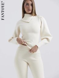 Women s Two Piece Pants Fantoye Set Knitted Set White Turn down Collar Button Sweater Skinny Pant Suit Winter Casual Sweatshirt 231218