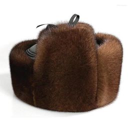 Berets Men Fashion Winter Thicken Warm Bomber Hats Faux Fur Earflap Cap Male Elderly Dad Grandpa Soft Leather Plush Russian Ski Hat