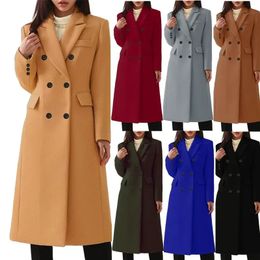 Womens Wool Blends Autumn Winter Warm Large Coat Women Vintage Cardigan Double Breasted Woollen Long Sleeve Turndown Collar 231218