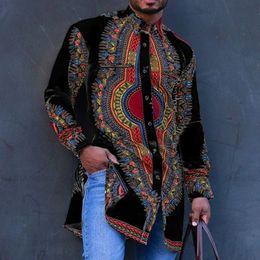 Ethnic Clothing Men Fashion Print Dashiki Tshirt Muslim Long Sleeve Tee Tops Islamic Dubai Arabic Bohemian Casual Blouse Shirts African Clothing 231218