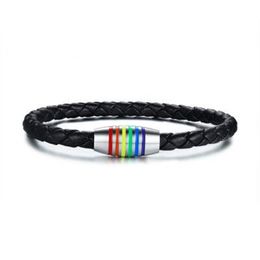 Black Pride Genuine Leather Bangles Rainbow Gay Lesbian Bracelet Stainless Steel Jewellery With Magnetic Clasp PB-014B258P