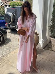 Basic Casual Dresses Oymimi Elegant Pink Loose Women s Dress Long Sleeve Pockets Fashion Side Slit Straight Floor Length Female 231218