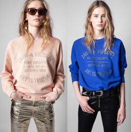 24SS Zadig Voltaire Designer-Sweatshirt für Damen, klassischer Pullover, Stickerei-Buchstaben, Kunst ist Wahrheit, Stickerei-Sweatshirts aus reiner Baumwolle