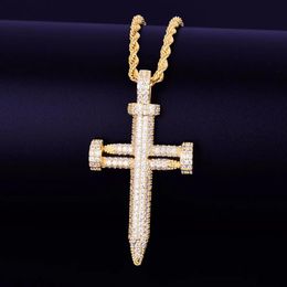 Necklaces Men's Nail shape cross Pendant Necklace With Rope Chain Cubic Zirconia Hip hop Street Rock Jewellery