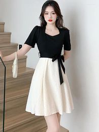Party Dresses 2023 White Patchwork Black Chic Bow Midi Dress Summer Short Sleeve Sqaure Collar Casual Women Korean Elegant Vestido