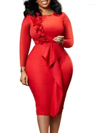 Casual Dresses Sexy Hip Wrap Dress For Women Autumn Winter Fashion OL Round Neck Long Sleeved African Clothes Big Size Vestido Midi