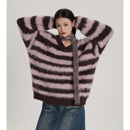 Women's Sweaters American Lazy Style Plush Striped Knitwear V-neck Sweater Women Tops Autumn/Winter Casual Versatile Pullovers With Scarf