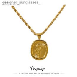 Pendant Necklaces Yhpup Stylish Oval Flower Pendant Chain Necklace Stainless Steel Statement Necklace Jewelry Party GiftL231218