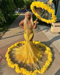 Yellow Mermaid Sparkly Diamonds Prom Dress Glitter Bead Crystals Rhinestones Feathers Birthday Party Gown Robe
