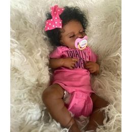 Dolls 49cm Reborn Baby Doll Already Painted Finished Girl Loulou black skin Sleeping Doll with Hand-root Hair Collectable Doll 231208