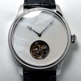 Wristwatches Tourbillon Watch Men ST8000 Hand Wind Mechanical Wristwatch Luxury 42mm Mother Of Pearl Dial Stainless Steel Clocks