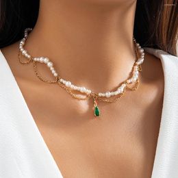 Pendant Necklaces Elegant Bilayer Link Chain Pearl Necklace Green Crystal Zircon Choker For Women Girls Boho Charm Jewellery Year Gifts