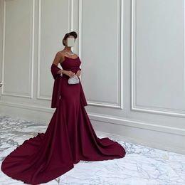 Elegant Long Burgundy Strapless Crepe Evening Dresses With Ribbon Mermaid Sleeveless Court Train Prom Dress Party Dresses for Women