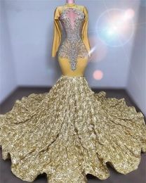 Satin Sparkly Gold Diamonds Prom 2024 Long Sleeves Crystal Rhinestone Beading Ruffle Birthday Party Dress Evening Gowns Robe