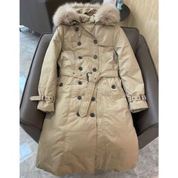 12.18 Winter Fashion Thicken Plaid Lining Fox Fur Collar Hooded Back Split Keep Warm Mid-Calf Down Coat Women