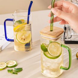 High borosilicate straw with handle square glass cup